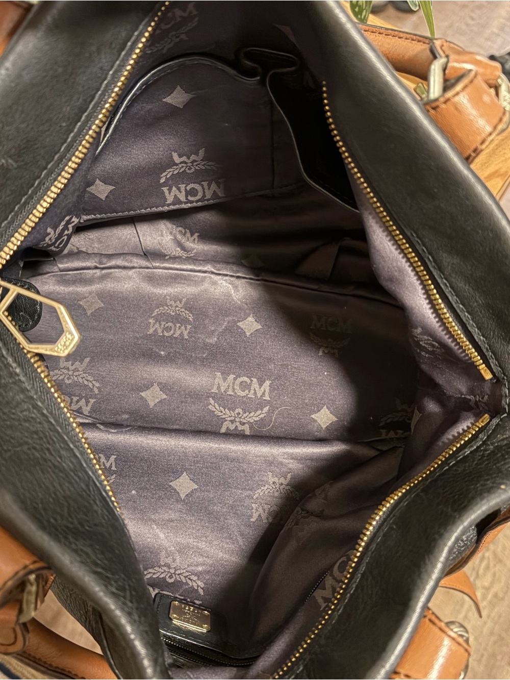MCM Black Leather Tote with Brown Handles and Strap - Picture 12 of 17